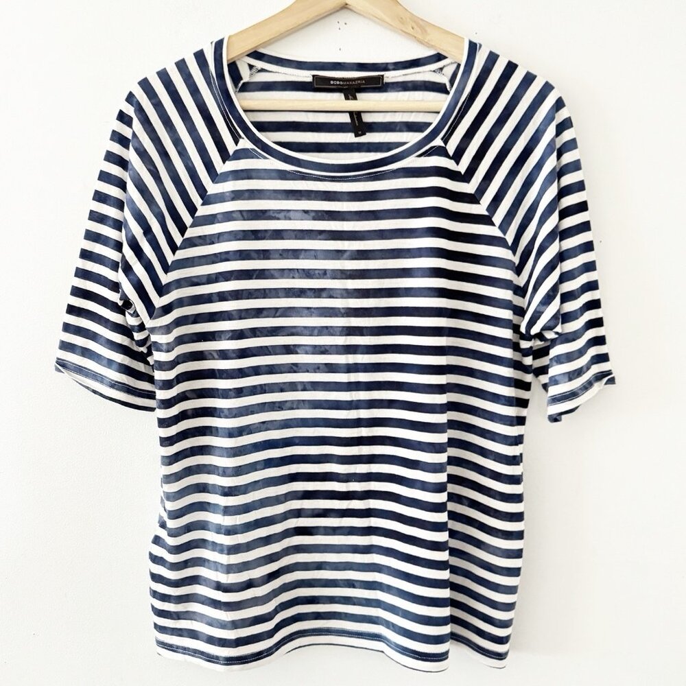 BOBGMAXAZRIA Short Sleeve Blue Tie Dye Sailor Stripe T-Shirt Round Neck Prep Tee